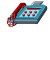 Animated sequence of a blue telephone with red buttons and handset, showing paper output in different states.
