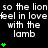 Black background with white text repeating 'so the lion so the lion so the lion feel in love feel in love feel in love with the lamb' and green plus signs arranged vertically.