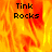 A static image with fiery orange and yellow background displaying 'Tink Rocks' text in black pixelated font across three sections.