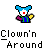 Pixelated character with blue hair, red nose, and colorful outfit holding a yellow object against gray background.
