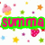 Pixelated graphic with green text boxes containing pink text, surrounded by colorful star and cupcake shapes on a white background.