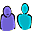 Four pixelated figures in blue and purple tones, each with distinct poses against a gray background.