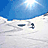 Pixelated image of a snowy slope with two figures skiing under a bright sun, divided into four quadrants with red and gray sections containing green text.