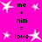 A static image with a bright pink background displays multiple white star icons and black text reading "me + him = love" arranged in a pattern