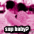 Pixelated pink background with black circular shapes and white text in four segments: "sup baby?", "wanna get", "juicy some", and "time?".