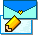 Pixelated email icon with blue envelope, yellow heart, and pencil; text changes from empty to 'Mail' across frames.