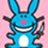 Blue cartoon rabbit with pink nose and white belly holding a knife, standing on pink background with black text fragments.