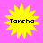 Four identical yellow starburst shapes on a pink background, each containing the text 'Tarsha' in black pixelated font.