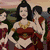 A pixelated image of a woman in a red and gold dress with a golden necklace, standing among other figures in a landscape background, with a separate blue-toned section showing a figure with glowing effects and red text reading PUNCTUAL.