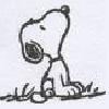 Static black-and-white line drawing of a cartoon dog sitting upright with head tilted back, mouth open, and one paw raised, set against a plain white background.