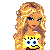 Pixelated cartoon character with long blonde hair, blue eyes, and a yellow bikini top holding a white object with blue squares.