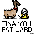 Pixel art of a llama and small character with text 'TINA YOU FAT LARD' on gray background, showing animation changes in the characters' poses.