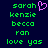 A dark blue background displays green pixelated text listing names and phrases, with a pink heart symbol next to 'sarah' on the left side.