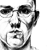 Pixelated grayscale icon of a figure with dark hair, raised arm, and circular object in hand against light background.