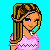 Pixel art contact sheet showing a cartoon girl in various poses with text elements on cyan background