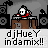 Pixel art animation of a character in red clothing at a DJ booth with turntables and speakers, text below reads "djHueY indamix!!".