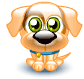 Animated cartoon dog with green eyes and black nose, wearing blue collar, displaying multiple expressions including smiling, winking, and tongue-out poses.