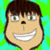 Pixelated cartoon face with brown hair, wide eyes, and a broad smile against a green and cyan gradient background.