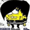 Pixelated yellow sponge character with black hair, blue eye, and black clothing, standing with arms at sides, text below reads "I MUST BE" and "EHO...".
