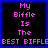 Four identical display pink pixelated text on black backgrounds with blue borders, repeating 'My Biffle Is The BEST BIFFLE' in a