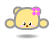 Pixelated yellow bear head with pink cheeks, black eyes, brown nose, and purple flower on left ear against gray background.