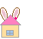 Pixel art of a yellow house with pink roof and blue window, accompanied by a white rabbit with pink ears and flower accessory, showing three sequential poses.