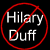 Black background with red prohibition symbol over 'Hilary Duff' text and a pixelated photo of a woman with long blonde hair.