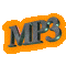 Animated sequence of 'MP3' text in metallic gray with orange outline, rotating through multiple angles against light gray background.