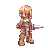 Pixel art character with blonde hair and armor holding a sword, shown in six sequential poses with slight variations in stance and weapon angle.