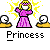 Pixel art contact sheet showing two frames of an animated AIM buddy icon featuring a princess character with yellow sparkles, flanked by crystal balls on golden bases, and promotional text for badassbuddy.com.