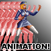 Pixel art of a character in blue uniform with pink wings and white boots, standing on pink legs against gray background.