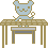 Pixel art contact sheet showing two frames of an animated blue cat mascot on a table with slight pose differences between frames.