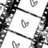 Black-and-white pixelated image with four heart shapes and abstract dark forms on a white background.