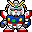 Pixelated robot with red, blue, green, and white armor stands in a of identical frames showing slight variations