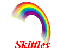 Rainbow arc animation with 'Skittles' text in various colors beneath each frame, showing progressive pixelation and color shifts across nine views.