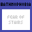 A 3x3 contact sheet of animated frames showing a pixelated text-based icon with the phrase "FEAR OF STAIRS" in various states of clarity and color variation against white backgrounds, bordered by repeated "BATHMOPHOBIA" text on a blue background.