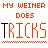 A pixelated dog wearing a blue bandana and pink flower, holding an orange object on green grass with heart symbols above text reading 'MY WEINER DOES TRICKS' in red and black letters.