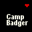 Four identical pixelated 'Camp Badger' text blocks arranged in a on black background, with red pixel art symbols above and below the