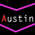 Animated sequence of the name 'Austin' repeated three times in white text with colored letter highlights against a black background, framed by pink zigzag lines.