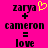 Pixelated text on bright pink background shows 'zarya' with yellow heart symbol above '+' and 'cameron' below, equaling 'love'.