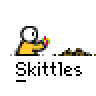 Animated contact sheet of a yellow stick figure character interacting with Skittles candy and rainbow effects across 15 frames.