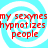 Four identical with cyan and white spiral backgrounds display red text reading "my sexynesmy sexynes hypnotizes hypnotizes people" in a pixelated font