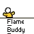 Pixel art animation of a yellow-clad character with white head firing projectiles and creating explosions, labeled Flame Buddy below each frame.