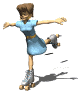 Animated sequence of a cartoon woman in blue dress and roller skates performing skating motion with arms extended, brown hair styled up.