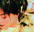 A sequence of six pixelated images showing a person with short dark hair in various poses and expressions, including close-ups of the face and full-body views.