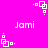A bright pink background features repeated white pixelated text 'Jami' and small square-based geometric shapes in a pattern