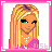 Pixel art contact sheet of a blonde female character in pink and black attire with text frames, arranged in 3x3 grid with gray background on last frame.