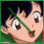 Four- of a character with dark blue hair and green clothing, showing facial expression changes including crossed eyes and text overlay
