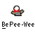 Pixelated static icon featuring a cartoon character with red and white head, gray body, and brown limbs against a solid light gray background, with "Be Pee-Wee" text below.