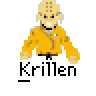 Pixelated cartoon character in yellow jacket with text labels and red website branding on gray background.